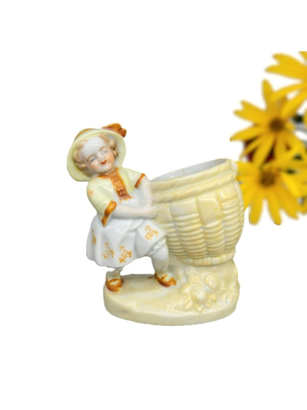 Retro Porcelain Girl Figurine With Basket for Toothpicks, Matches or Spill Vase